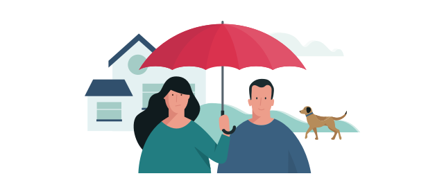 Ikona - muž se ženou pod červeným deštníkem s domem v pozadí